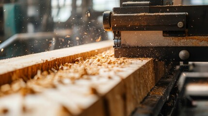 A woodworking machine efficiently cuts timber, sending wood shavings flying in a well-lit workshop.