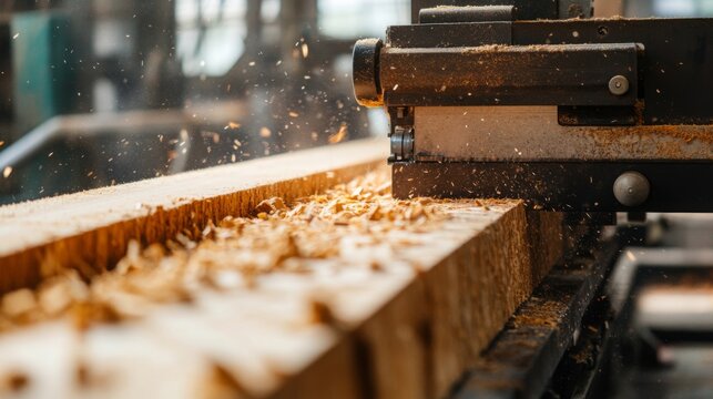 A woodworking machine efficiently cuts timber, sending wood shavings flying in a well-lit workshop.