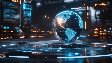 A glowing globe of Earth highlights digital connections in a high-tech control room illuminated by glowing screens