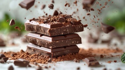 Stack of Dark Chocolate with Chocolate Chips and Cocoa Powder on a White Marble Surface