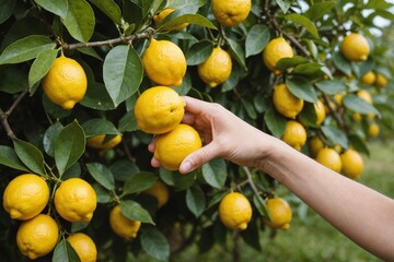 young woman's hand picking lemons, close view