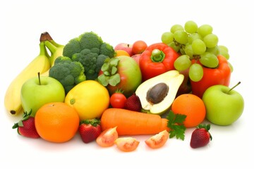 A variety of fruits and vegetables are piled on top of each other. Concept of abundance and freshness, as well as the importance of a healthy diet