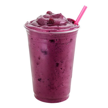 Delicious blueberry smoothie is presented in a plastic cup with a straw