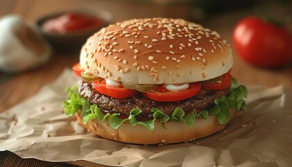 A juicy hamburger is currently sitting on a piece of paper on a table awaiting to be enjoyed