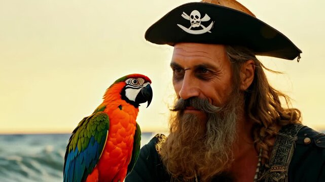 A rugged pirate stands proudly by the shoreline, a vibrant parrot perched on his shoulder, with the sunset casting a golden glow on the ocean waves.