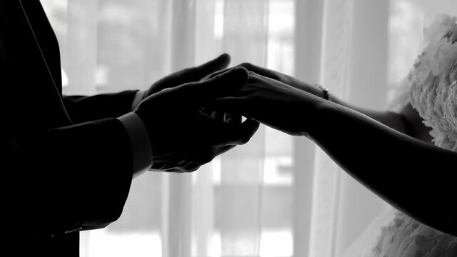 Silhouette of couple holding hands In a quiet room. A black and white silhouette of a couple holding hands.