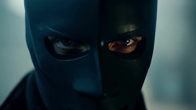 The shadow assassins face is hidden behind a sleek black mask leaving their true features a mystery.