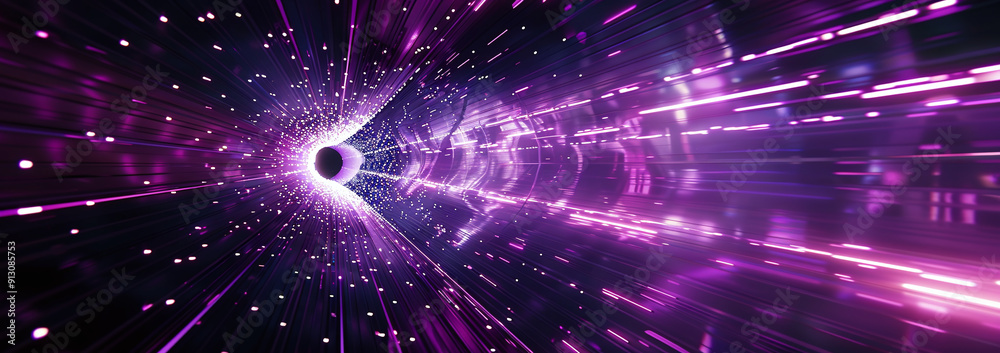 Wall mural Purple Cyber Data Tunnel with Fast-Moving Light Streaks and Digital Patterns