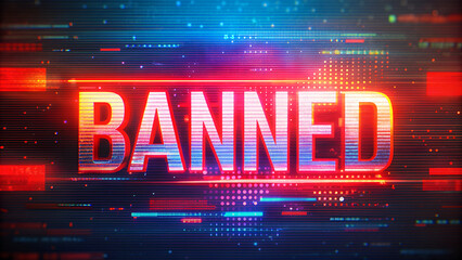 Banned sign with digital glitch effect, futuristic and neon colors