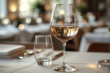 Obraz premium A Glass of White Wine on a Table Setting.