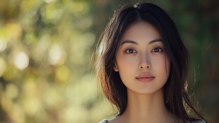 Naklejka premium A woman with long dark hair and a serious expression
