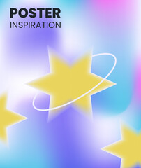 Poster design with yellow stars and white rings on a vibrant blue, purple, and pink gradient background. for modern poster