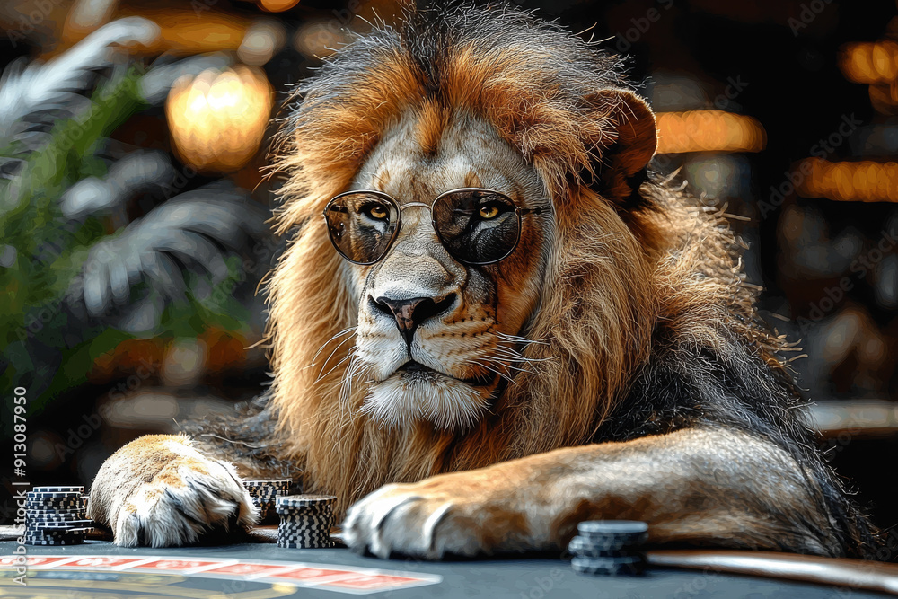 Poster animal lion plays poker blackjack in a casino, fantasy