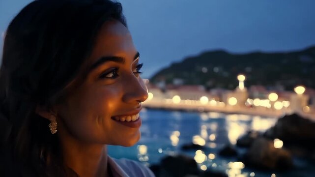 A woman gazes thoughtfully at the shimmering reflections of lights on the water, immersed in a serene moment by the coastal promenade during twilight.