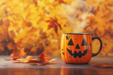 Orange mug with jack-o'-lantern face, steaming hot drink, surrounded by autumn leaves, vibrant fall colors, Halloween decor, outdoor setting, copy space

