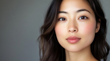 Naklejka premium A woman with long dark hair and a pale pink lip