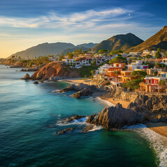 Fototapeta premium Colorful houses along a beach at sunset, casting vibrant reflections on the water's surface.