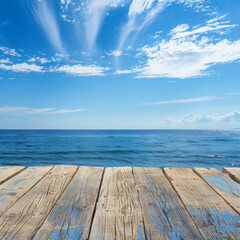 Fototapeta premium Wooden Deck Overlooking a Tranquil Blue Ocean and a Cloud-Filled Sky