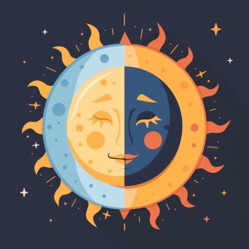 recommend clip art: Smiling sun and frowning moon, day and night contrast, flat design illustration