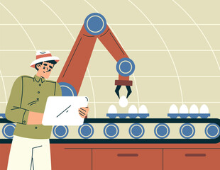 Modern Agriculture Equipment with Man Character Pick Eggs Vector Illustration