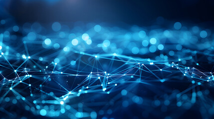 Abstract blue technology background with a cyber network grid and connected particles. Artificial neurons, global data connections design