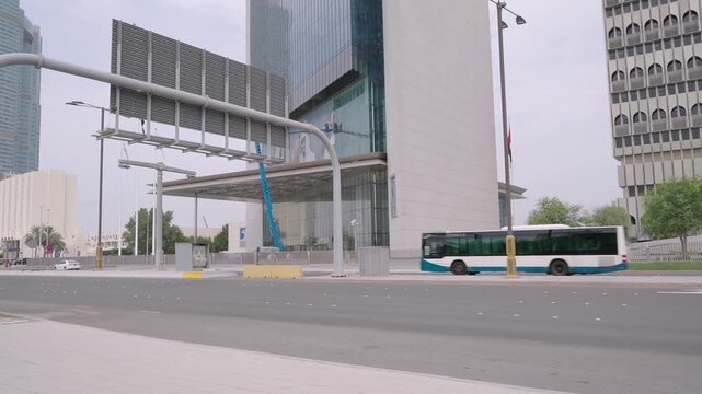 Etihad towers skyscrapers at the downtown Abu Dhabi in the United Arab Emirates capital city abudhabi city bus