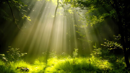 Obraz premium An enchanting forest glade with dappled sunlight filtering through the canopy 
