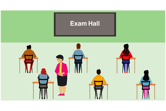 College students are taking examinations and the Teacher supervises in the exam hall. Vector cartoon illustration.