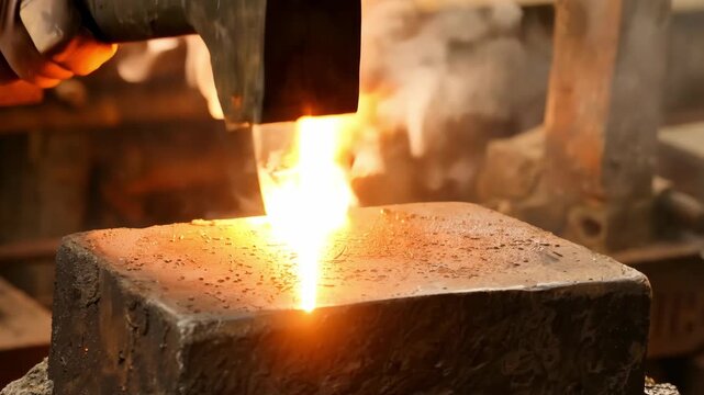 Witness the fiery art of blacksmithing as molten metal transforms into a stunning creation amidst glowing sparks and billowing smoke.