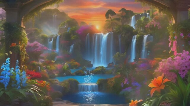 the fantasy beauty of the Eden garden waterfall with very beautiful colorful flowers