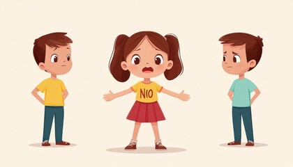 Fototapeta premium Two boys and a girl are standing closely together, and the girl is not wearing a shirt