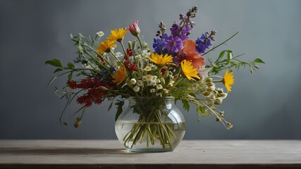 A bouquet of wildflowers in a glass vase, isolated on a clear backdrop