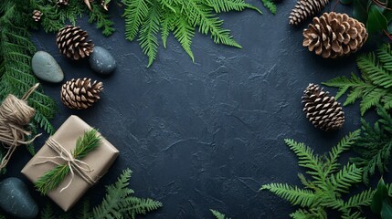 A top-down view of a natural-themed flat lay, featuring a dark textured background with green ferns, pinecones, and smooth stones arranged around the edges. copy space 