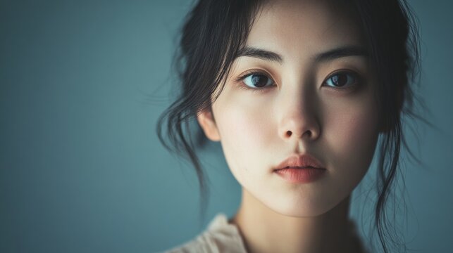 A woman with dark hair and blue eyes is looking at the camera