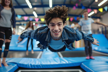 Friends Cheer as Young Man Executes Backflip at Indoor Trampoline Park