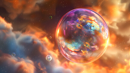 Fototapeta premium An iridescent soap bubble bursting with colorful patterns. Ephemeral beauty in design. Drifting through a twilight sky. 