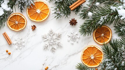 A winter-themed flat lay with pine branches, snowflakes, dried orange slices, and cinnamon sticks on a white marble surface, creating a festive holiday scene, copy space