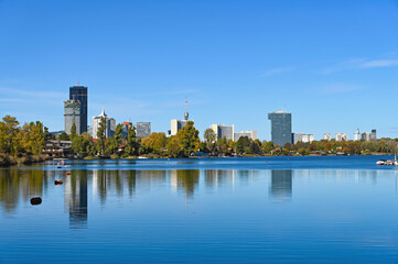 Skyline of Vienna and Donau river,riverside, autumn season,Austria