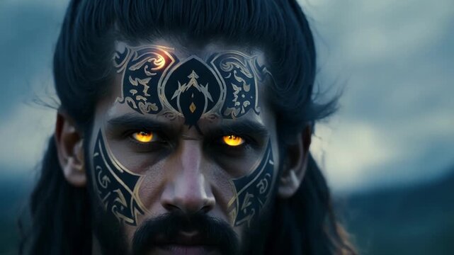 The piercing gaze of a warrior their face adorned with intricate markings symbolizing their role as a bringer of light and justice.