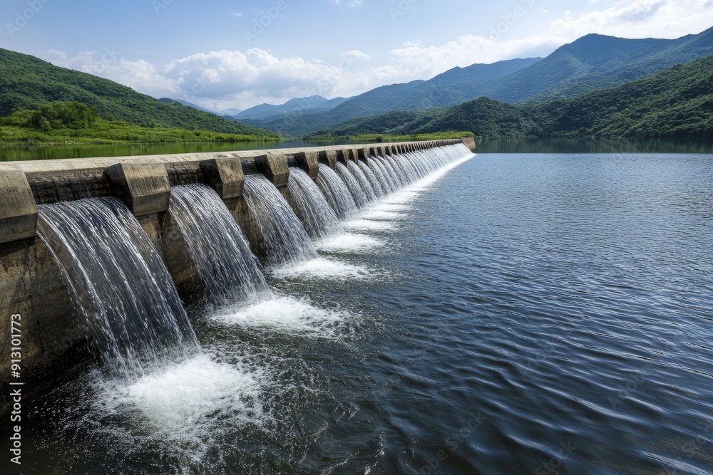 Poster sustainable dam constructions preserving natural landscapes while generating renewable energy and wa