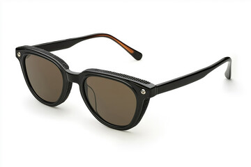 Black designer sunglasses with brown lenses resting on white background