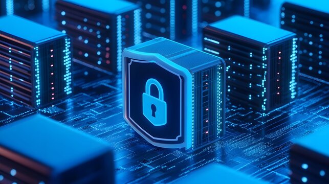 Digital cybersecurity concept with a secure server and a padlock icon, representing data protection and internet security.