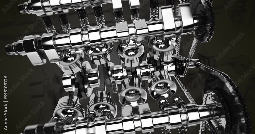 Poster camera flying to center of v8 car engine. pistons, chains and crankshaft moving. industry related hi