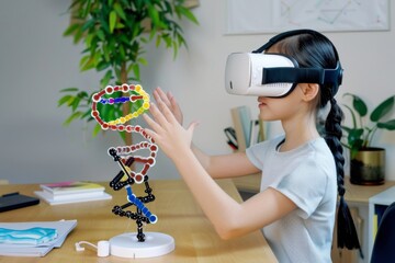 A young girl is playing with a VR game that involves building a DNA strand. She is wearing a VR headset and is using her hands to manipulate the game. The scene is set in a room with a potted plant