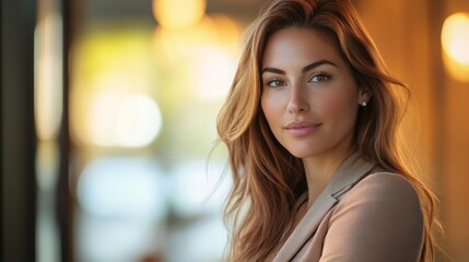 Fototapeta premium A woman with long brown hair and a tan jacket is smiling for the camera