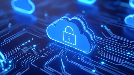 Digital illustration of cloud security concept, showcasing a secure cloud symbol over a digital circuit board background in blue tones.