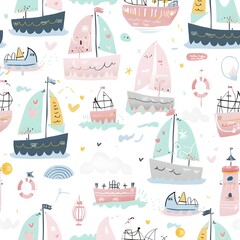 Cute Cartoon Ships and Boats Seamless Pattern