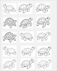 A grid of turtle illustrations, featuring various cartoon-style turtles in different poses. The turtles are outlined and ready for coloring, with a playful and friendly design suitable for children.