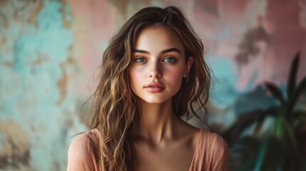 Fototapeta premium A woman with long brown hair and blue eyes is standing in front of a wall