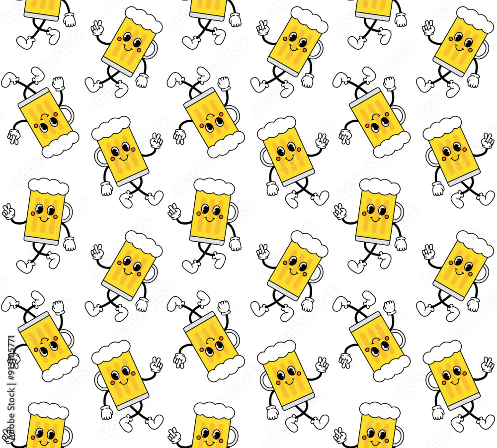 Sticker Vector seamless pattern of groovy retro cartoon beer mug isolated on white background